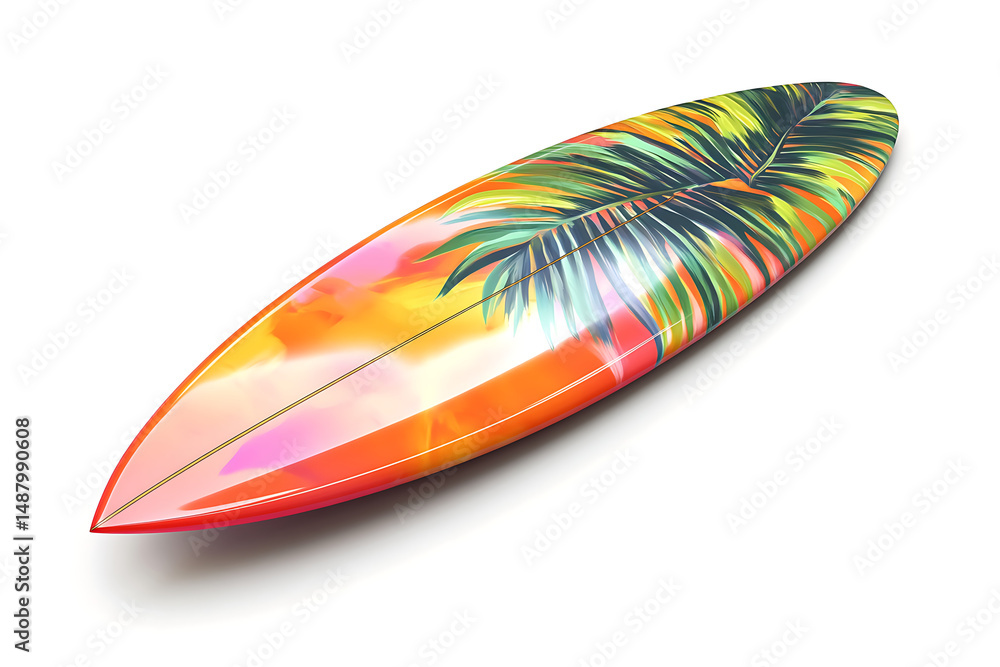 Colorful surfboard with tropical palm design resting on a white surface, evoking summer vibes Colorful surfboard with tropical palm design resting on a white surface, evoking summer vibes
