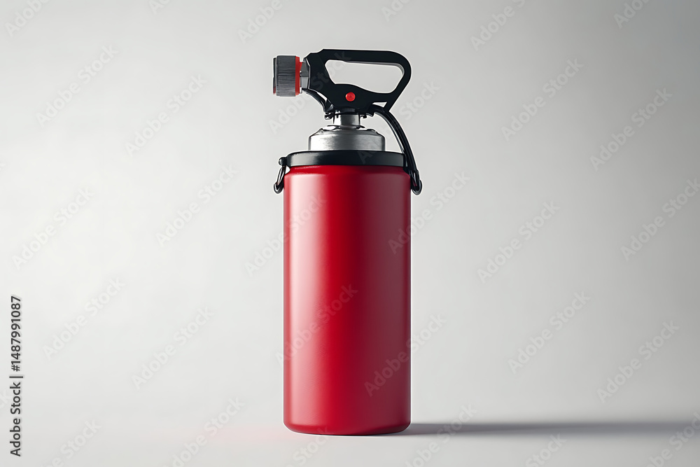 Red fire extinguisher standing upright on a neutral background, symbolizing safety and preparedness Red fire extinguisher standing upright on a neutral background, symbolizing safety and preparedness