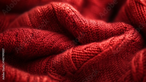 Detailed macro shot of a folded vibrant crimson knitted woolen garment
