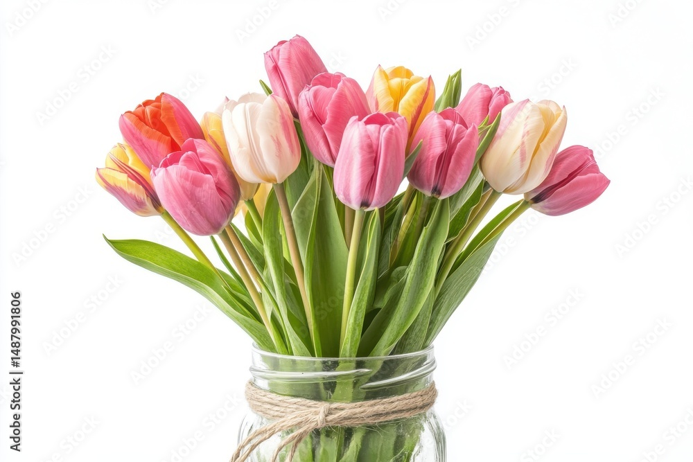 Fototapeta premium Colorful tulip bouquet in a mason jar, perfect for spring decor, gifts, and floral arrangements