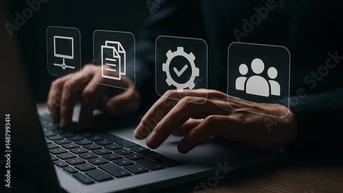 Hands typing on a laptop with digital icons representing business concepts.