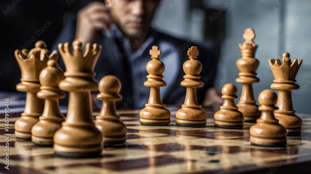 Abstract of a chess match with a pensive blurred man in the background planning strategy. Abstract of a chess match with a pensive blurred man in the background planning strategy.