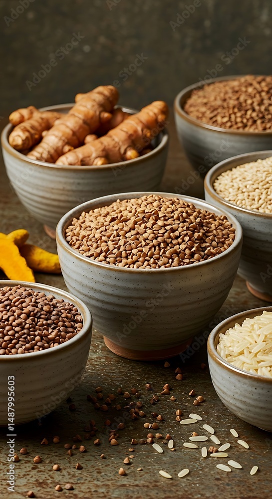 Assortment of grains and turmeric roots in ceramic bowls on table top Assortment of grains and turmeric roots in ceramic bowls on table top
