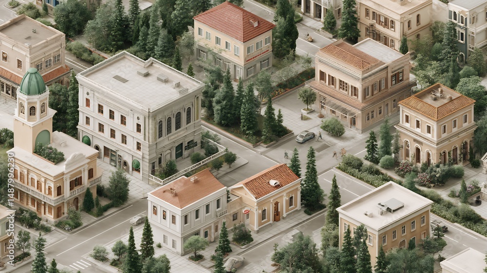 Fototapeta premium Detailed isometric view illustrating charming urban architecture and landscaping
