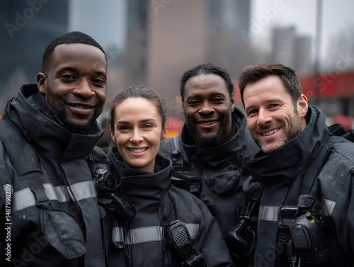 Group of Firefighters Smiling Together Outdoors in Urban Setting
