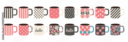 Vector icon set of patterned and text mugs – Great for home goods packaging, cafe branding, or digital prints