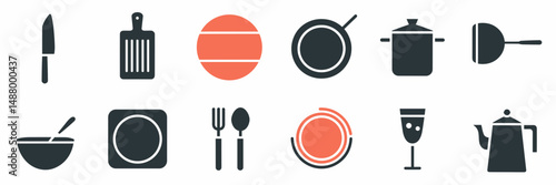 Grid layout vector icons of kitchen tools with clean lines – Great for cooking websites, kitchen branding, or flat design interfaces.