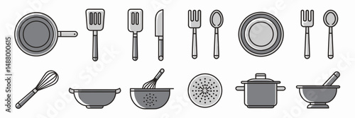 Flat design vector icons of kitchen utensils on white background – Ideal for culinary websites, restaurant menus, or app interfaces.