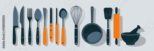 Circular arrangement of kitchen tools vector illustration with shadows – Great for cooking classes, recipe books, or kitchen decor