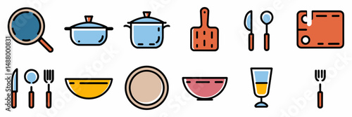 Bold outlined vector kitchen icons in grid layout – Ideal for recipe sites, cooking tutorials, or user interface design
