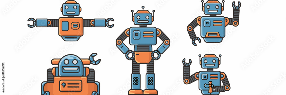 Fototapeta premium Blue and orange robot icon set in different poses – Perfect for robotics content, children’s media, or tech branding.