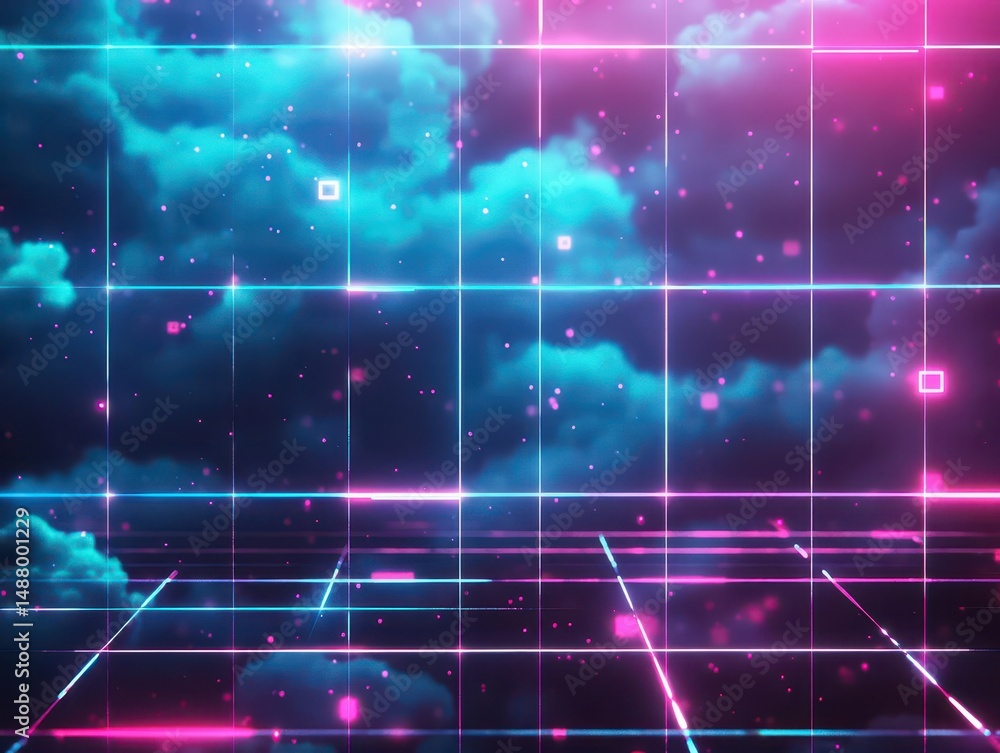 Obraz premium Vibrant Neon Lights Illuminating Dark Background Surrounded by Ethereal Clouds Creating a Futuristic and Dreamlike Atmosphere in Urban Setting