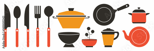 Stylized vector kitchen items icon sheet with utensils and dishes
