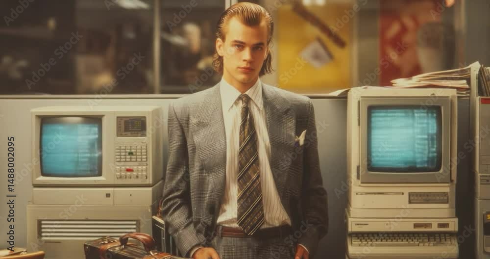 A stylish young man, dressed in a suit, stands by vintage computers with a focused look.