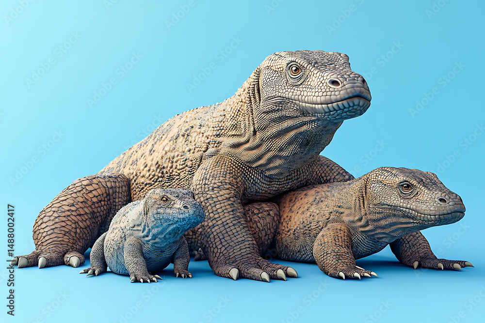 Obraz premium Three realistic lizards of varying sizes resting together on a vibrant blue background