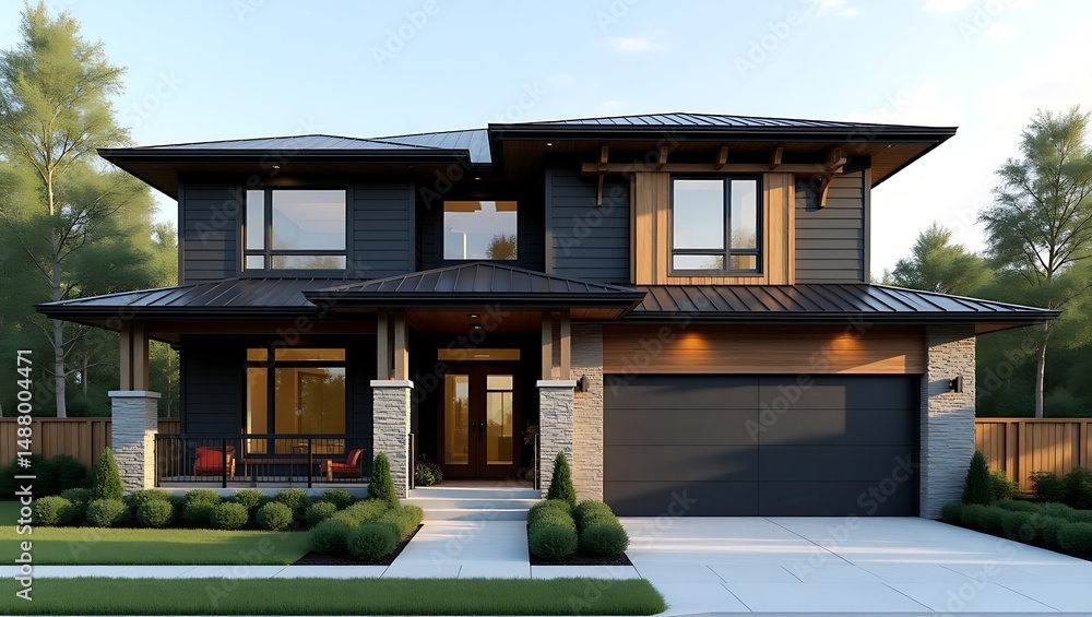 Fototapeta premium Modern architectural design render of a luxurious two story residential home exterior