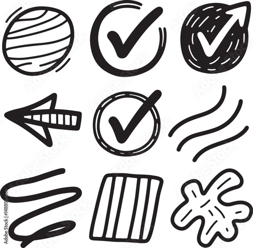 Black and White Doodle Icon Set with Various Symbols, Arrows, and Checkmarks