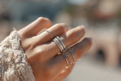 Close-up shot of woman's hand wearing trendy silver rings, showcasing jewelry and personal style for accessories advertisements.