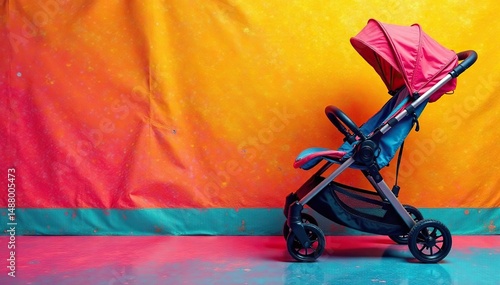 Bold stroller graphic on a textured stripe backdrop, vertical, wheels