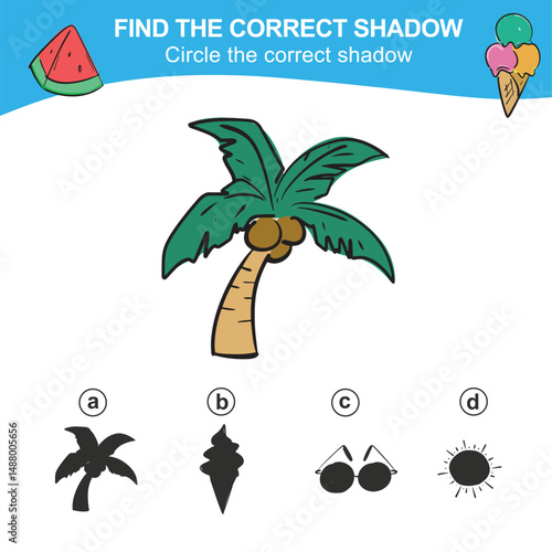 Find the correct shadow. Match the image with the shadow. Worksheet for kid. Educational printable worksheet. Simple gaming level for preschool kids. 