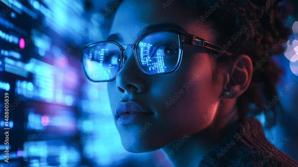 Programming, ai code and woman with focus, hologram and digital software with cyber security, futuristic and website development. Female, coder or trader with data analysis and security at night Programming, ai code and woman with focus, hologram and digital software with cyber security, futuristic and website development. Female, coder or trader with data analysis and security at night