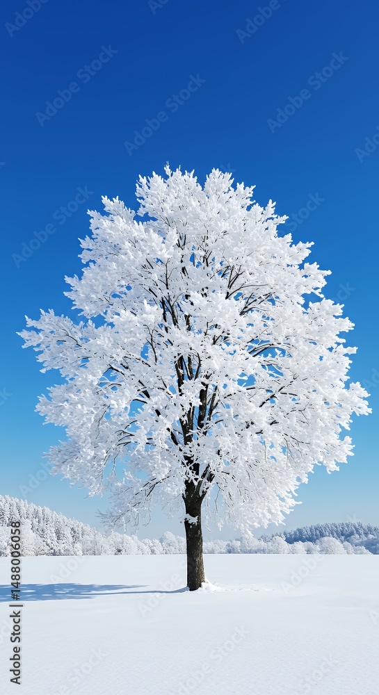 Fototapeta premium Snow covered tree against a blue sky