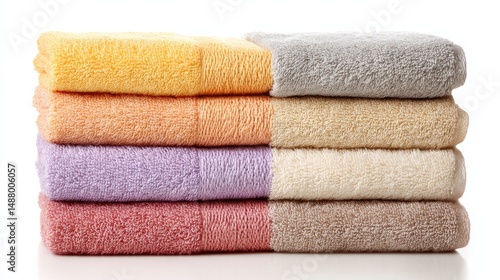 Set of clean towels isolated on white Neatly folded with realistic terry cloth texture and space for text