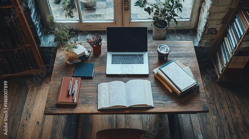 Cozy workspace with books, laptop, and plants by the window. Perfect for study or creative work.