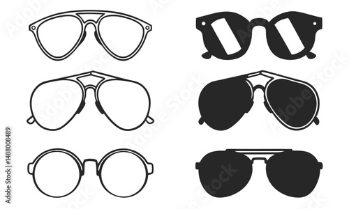 Vector Silhouettes of Eyeglasses and Sunglasses – Collection of Round, Aviator, and Retro Frame Glasses Set Isolated on White Background 
