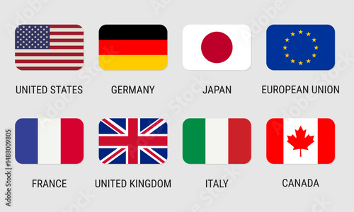 Flags of the EU and G7 member countries with their names. Vector icons with a 2 by 3 ratio and rounded corners
