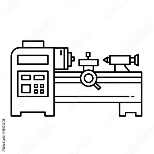 Metal lathe equipment in simple line art style for industrial use  