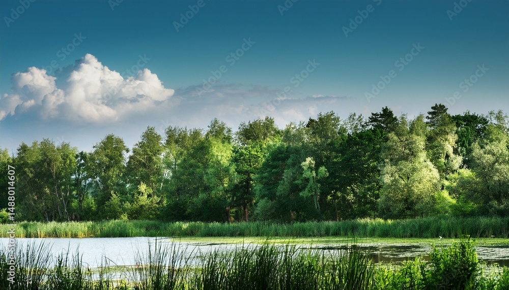 Fototapeta premium lush dense forest located on the banks of the river the landscape in the countryside with reeds is isolated