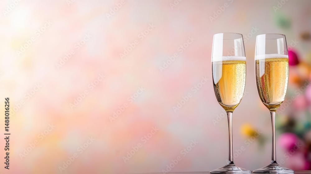 Elegant Setting with Two Flute Glasses Filled with Sparkling Champagne on a Tastefully Arranged Table Surrounded by a Romantic Atmosphere and Soft Lighting Elegant Setting with Two Flute Glasses Filled with Sparkling Champagne on a Tastefully Arranged Table Surrounded by a Romantic Atmosphere and Soft Lighting