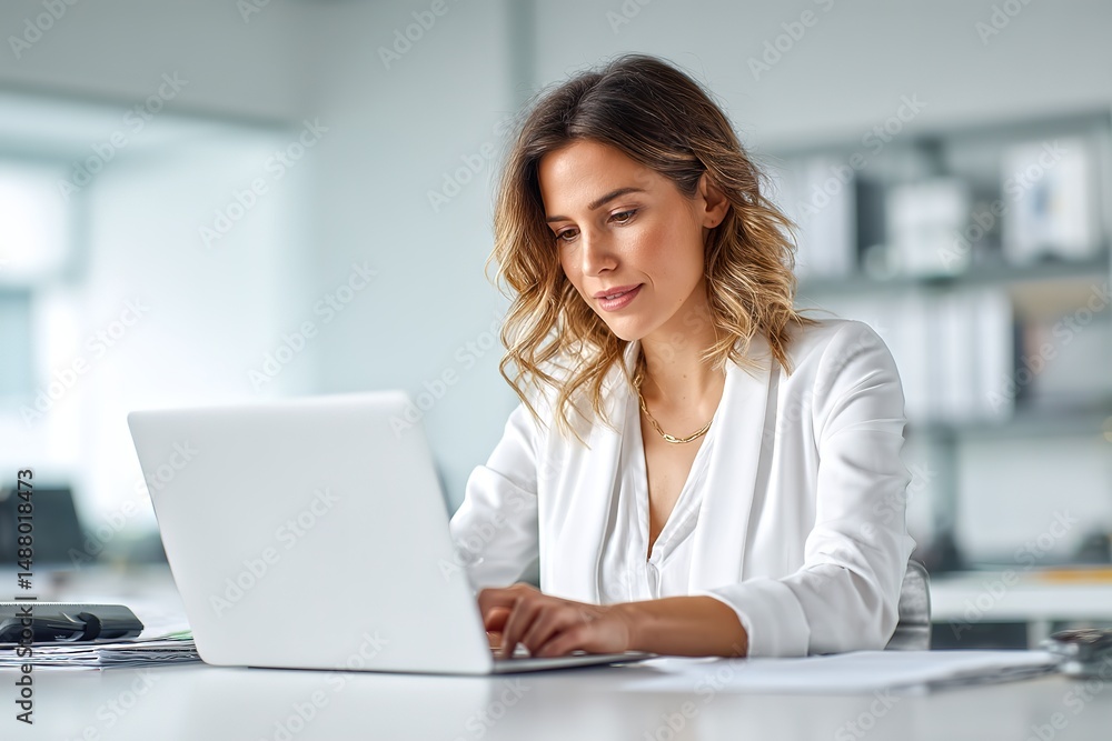 Focused Businesswoman Working on Laptop in Modern Office Setting, Wearing Glasses, Concentrated on Project, Professional Environment and Technology Focused Businesswoman Working on Laptop in Modern Office Setting, Wearing Glasses, Concentrated on Project, Professional Environment and Technology