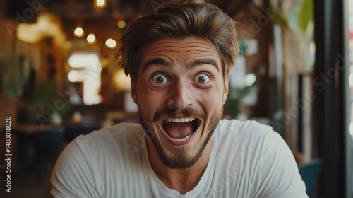 handsome man exited surprise face expression . Male feels shocked. exciting smile and happy adorable rejoices. Very enjoy and fun relax time. wow,.