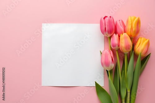 Pink and Yellow Tulips with Blank White Card on Pastel Pink Background, Top-Down Flat Lay for Spring Message or Floral Design Element.                