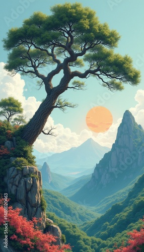 Tapety artystyczne mountain landscape with trees