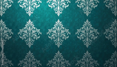 Bold, large-scale damask pattern in deep teal and silver , decoration, damask