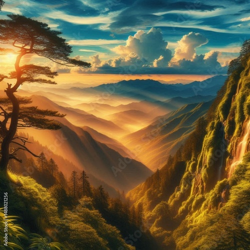 Tapety artystyczne mountain landscape with trees