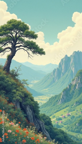 Tapety artystyczne mountain landscape with trees