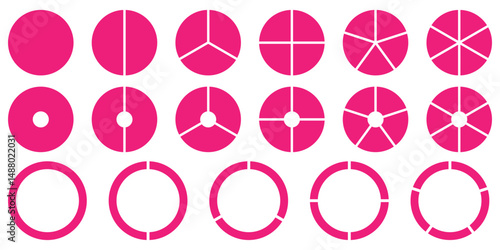Set of pie, pizza charts. Segmented charts. Many number of sectors divide the circle on equal parts. Segments infographic. Diagram wheel parts.