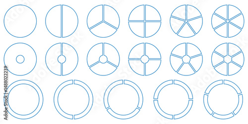 Set of pie, pizza charts. Segmented charts. Many number of sectors divide the circle on equal parts. Segments infographic. Diagram wheel parts.