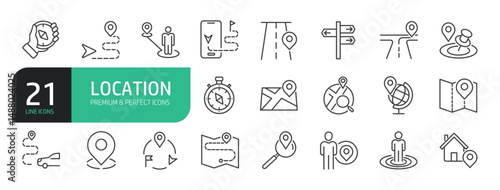 Set of line icons that includes location, map, navigation.