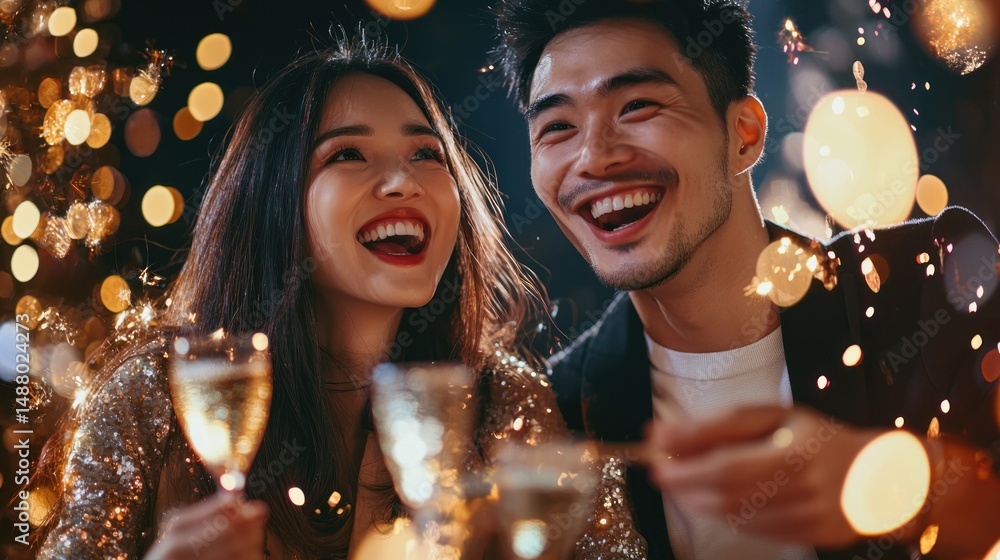 Asian couple celebrating a special moment with bright smiles. Asian couple celebrating a special moment with bright smiles.