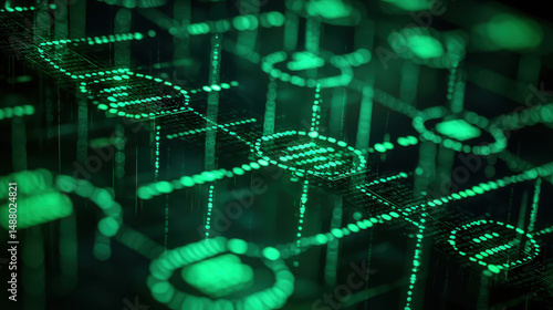 Close up view of digital network with glowing green icons representing technology and connectivity, evoking sense of innovation and modernity