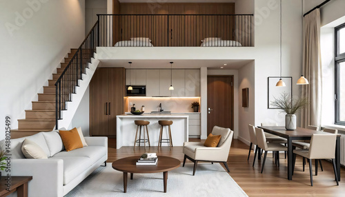 A duplex room in wooden interior with two levels bedroom upstair and living room and kitchen downstair.