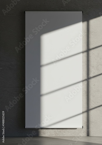 Vertical white banner mockup with harsh side lighting, casting long shadow on textured wall. Realistic 3D render for creative template