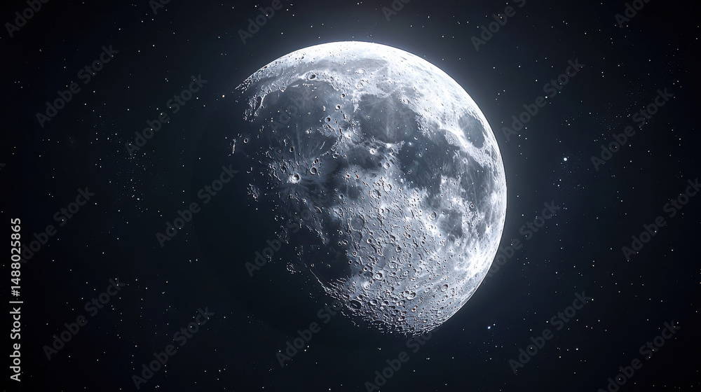 Naklejka premium Stunning view of moon illuminated against starry night sky, showcasing its craters and surface details, evoking sense of wonder and tranquility