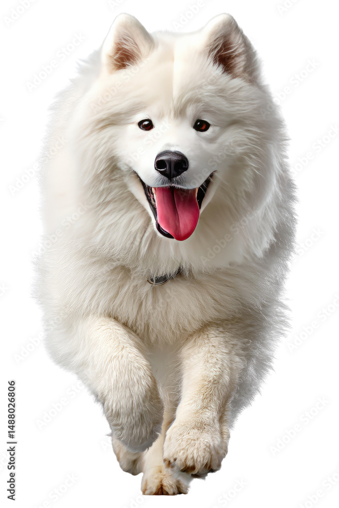 Fototapeta premium Joyful Samoyed Run: A fluffy Samoyed dog with a big smile runs towards the camera, showcasing its thick white fur and happy expression.