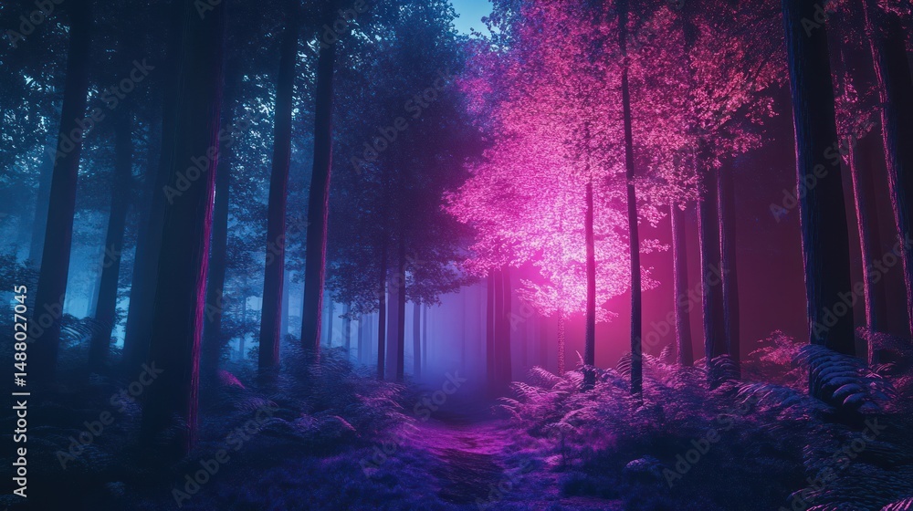 Fototapeta premium Enchanted twilight forest bathed in blue and magenta light creates mysterious vibe